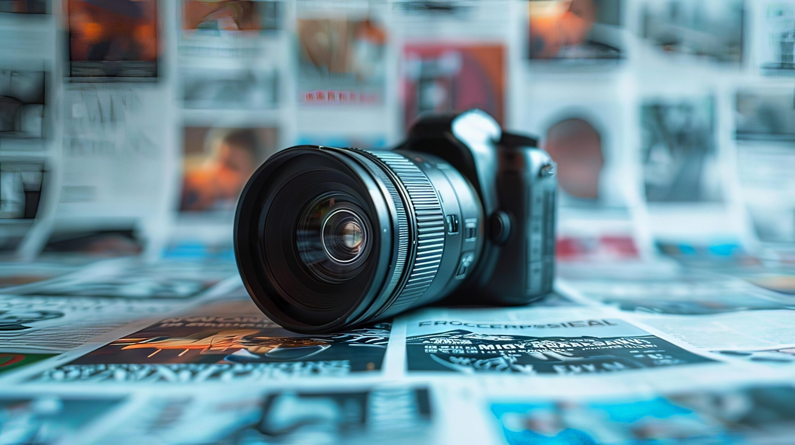Digital SLR camera sitting on photos.