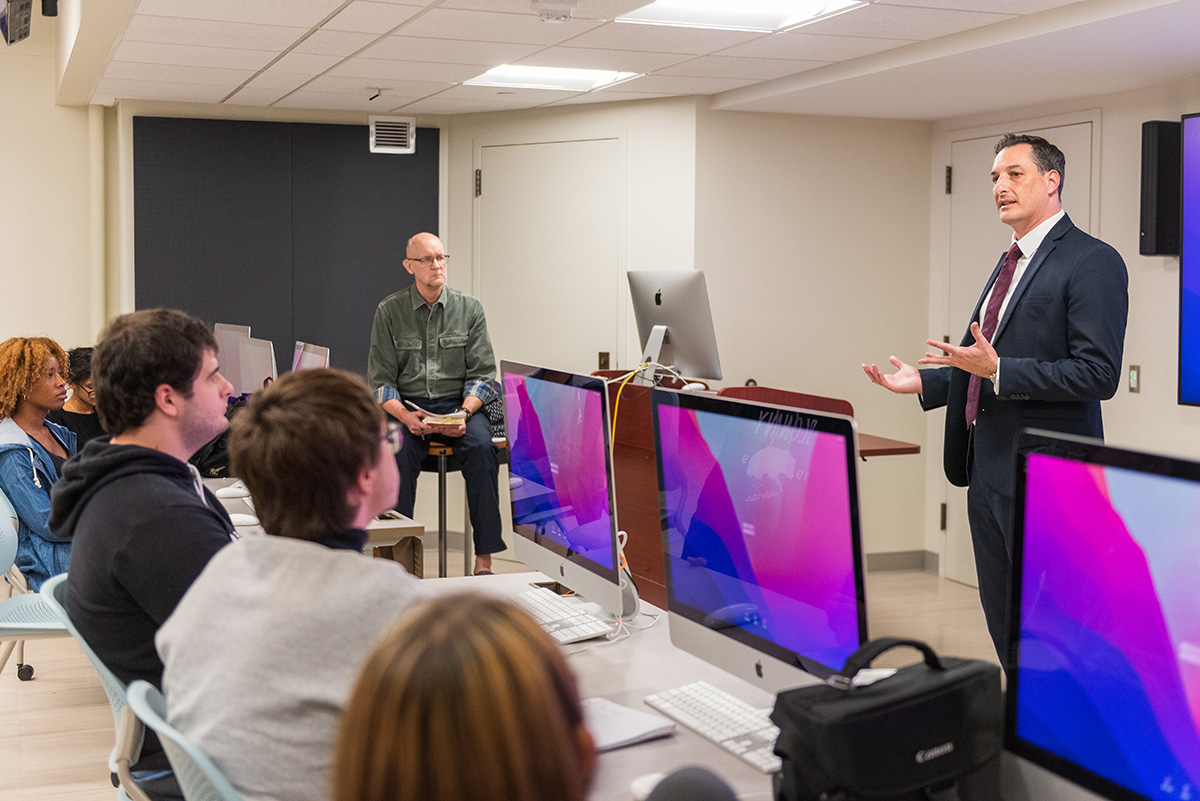 Domenico Montanaro visits classroom before Frank Center panel
