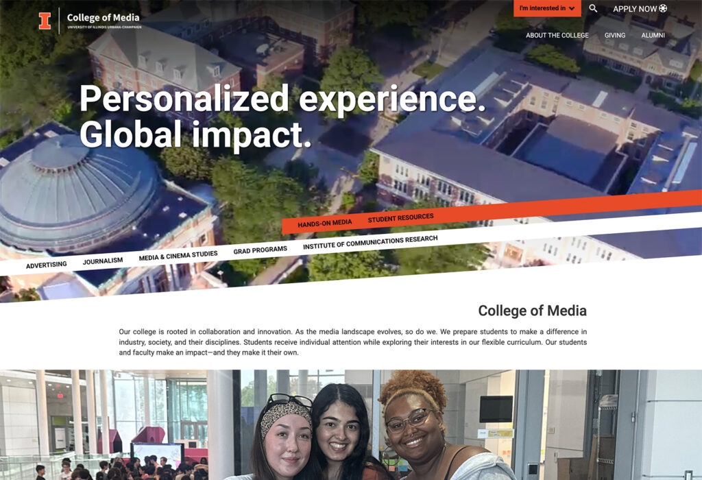 Previous homepage for College of Media website