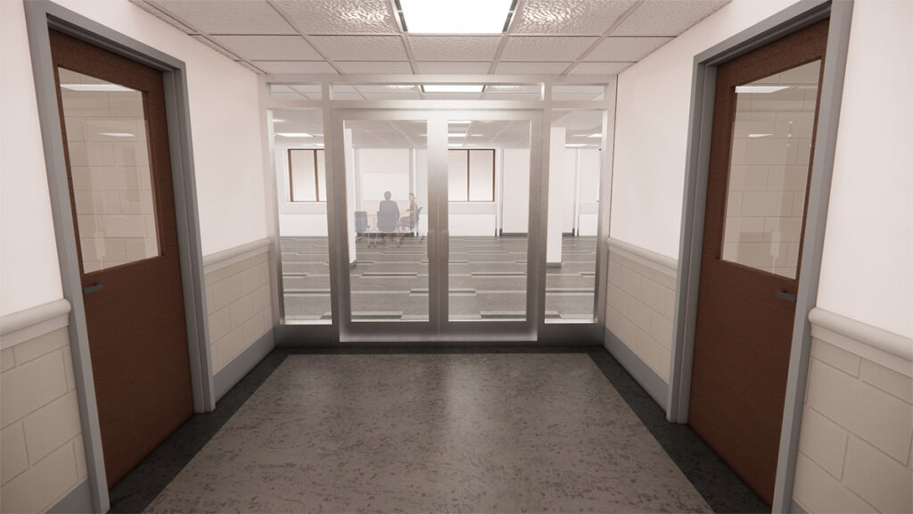 Architectural rendering of the entrance to Gregory Hall Room 1