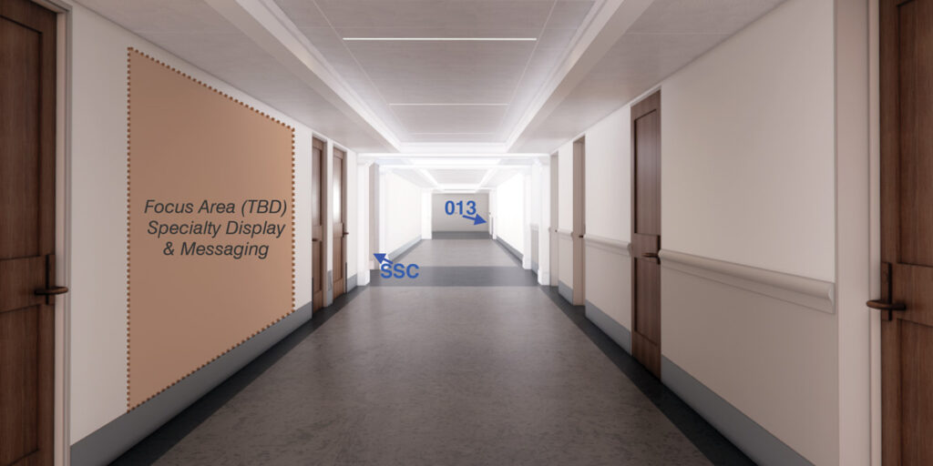 Architectural rendering of Gregory Hall lower level display area