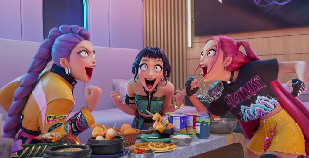 KPop Demon Hunters scene eating at couch